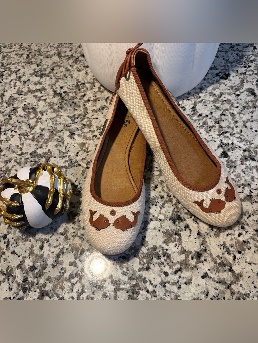 Anna sui Canvas Slip-On Shoes in Beige and Brown